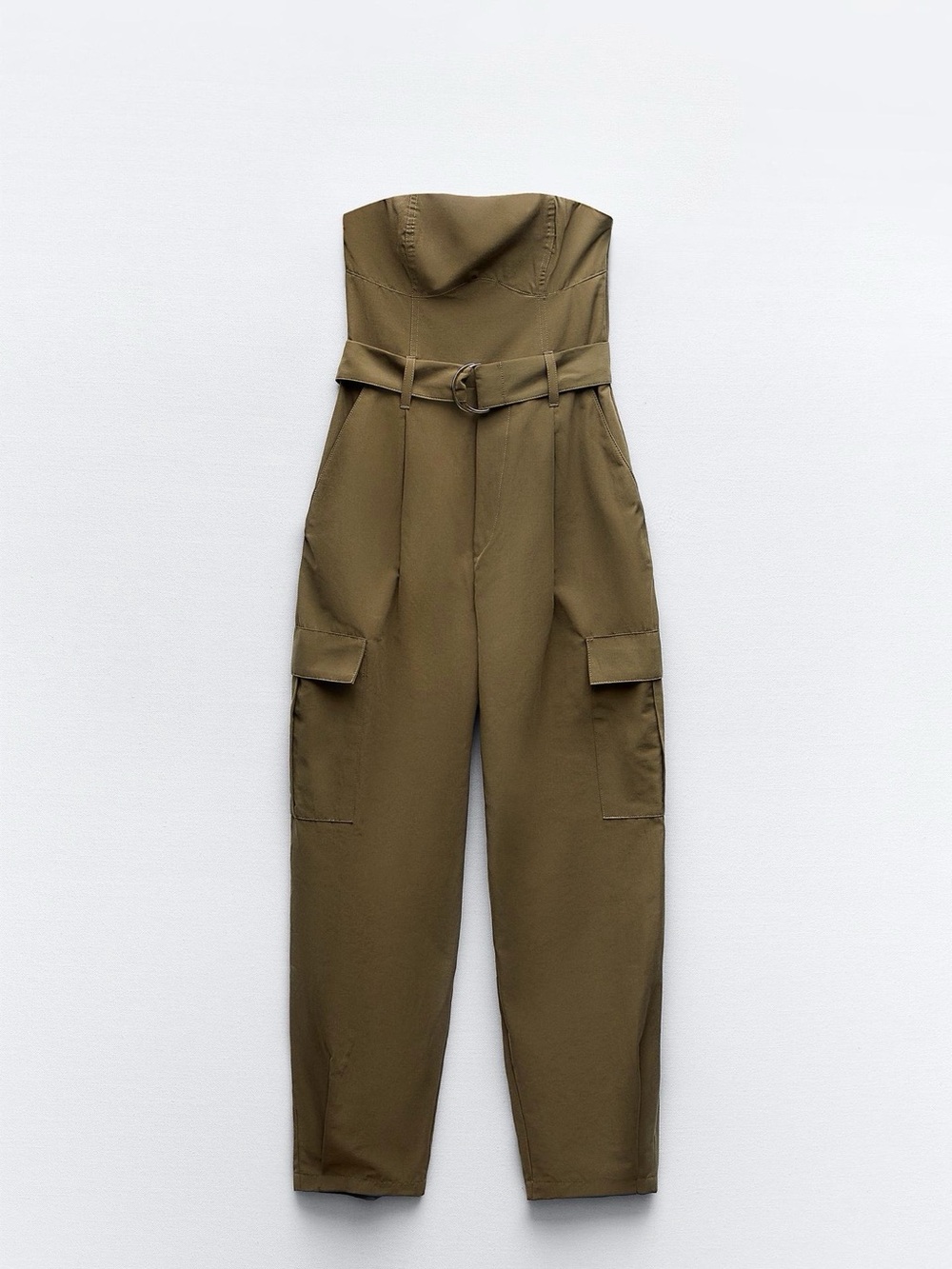 Zara Strapless Cargo Jumpsuit in Olive with Belt